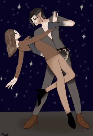 Tanzendes Paar vor einem sternenübersäten Nachthimmel, elegant und anmutig.