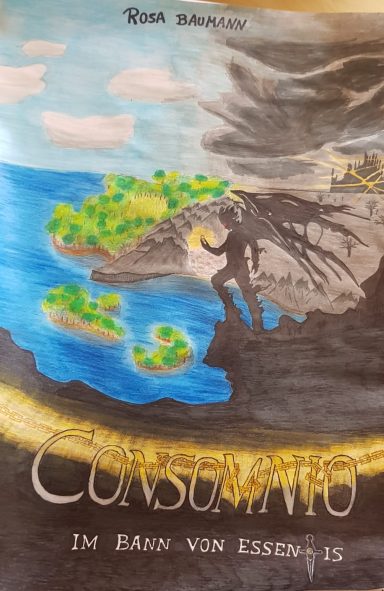 Titel "Consomnio" mit einer bunten Landschaft, Meer und Inseln im Hintergrund.
