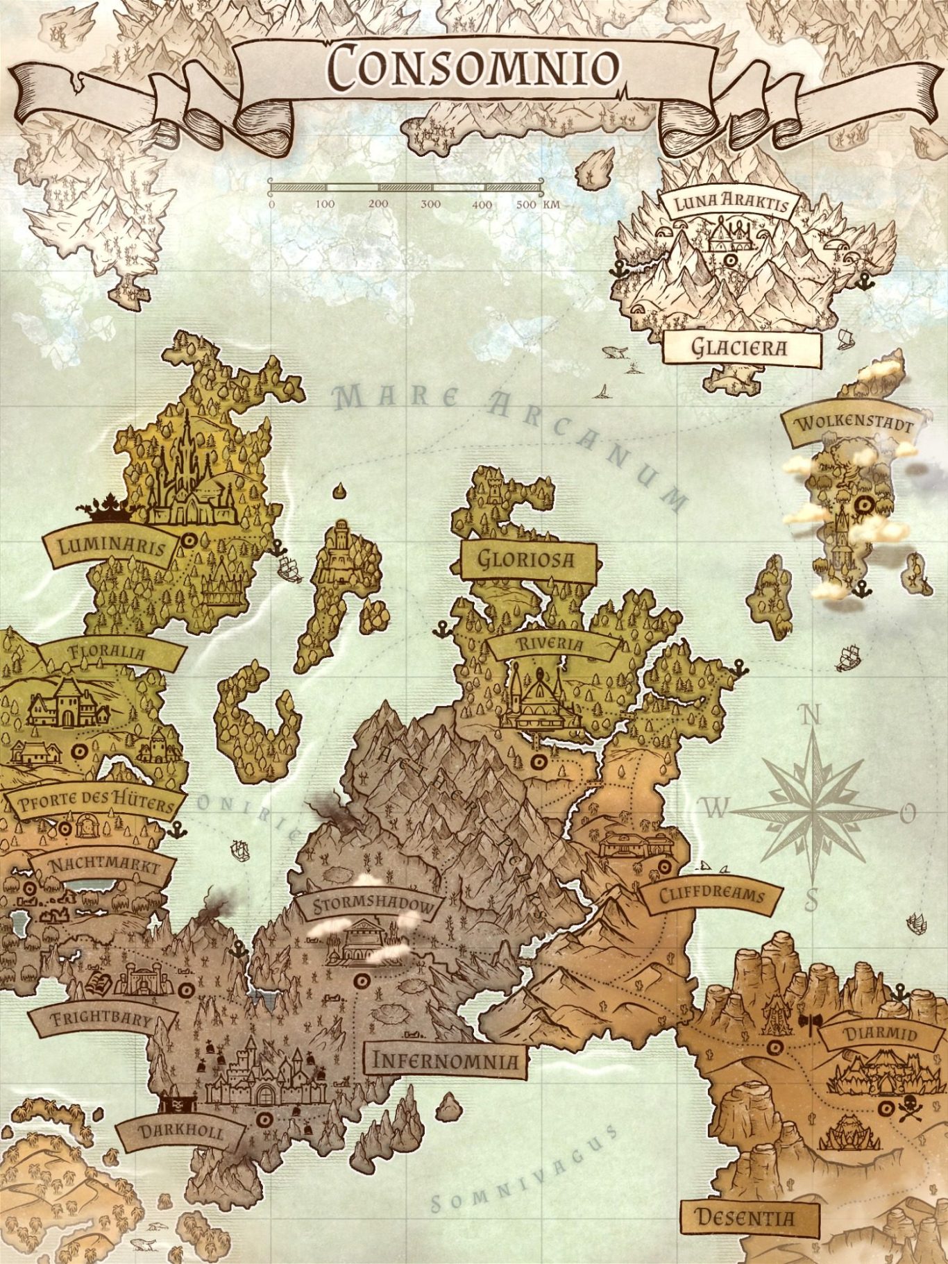 Historische Karte von Consomino mit farbigen Regionen und geografischen Details.